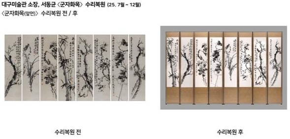 대구미술관 소장 서동균 군자화목 수리복원 전후.<대구간송미술관 제공>