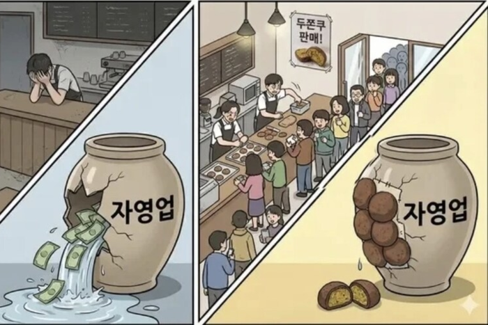 온라인에서 유행하는 두쫀쿠 항아리 밈(meme). 불경기에 두쫀쿠가 자영업자를 먹여 살린다는 의미를 담고 있다. <온라인 커뮤니티 캡처>