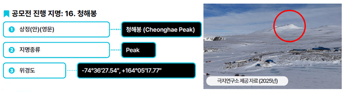 청해봉의 영문 지명과 종류, 위도. <국토교통부 제공>