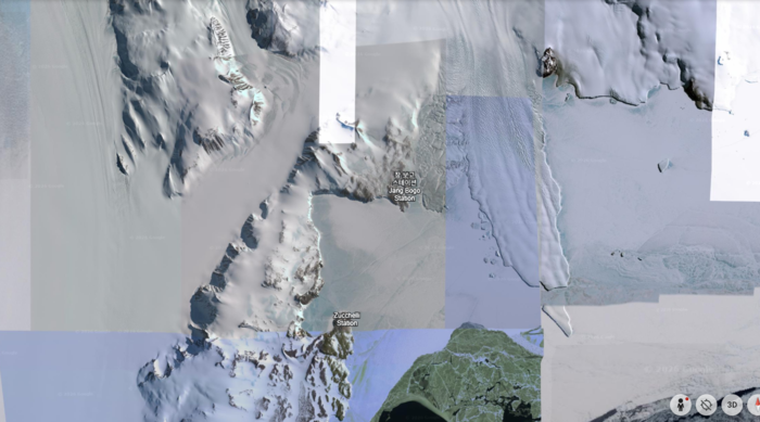 남극 장보고기지 인근 지형. 우리말 이름 청해봉이 부여 예정인 봉우리가 이 일대에 위치한다. <구글어스 캡처>
