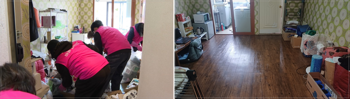 지난해 2월 이승사자단 자원봉사자들이 고립은둔 청년 1인 가구의 주거환경 개선을 위해 집 안에 쌓인 생활 쓰레기를 정리하고 있다(왼쪽). 정리를 마친 뒤 바닥이 드러난 방 내부 모습(오른쪽). <대명9동 행정복지센터 제공>