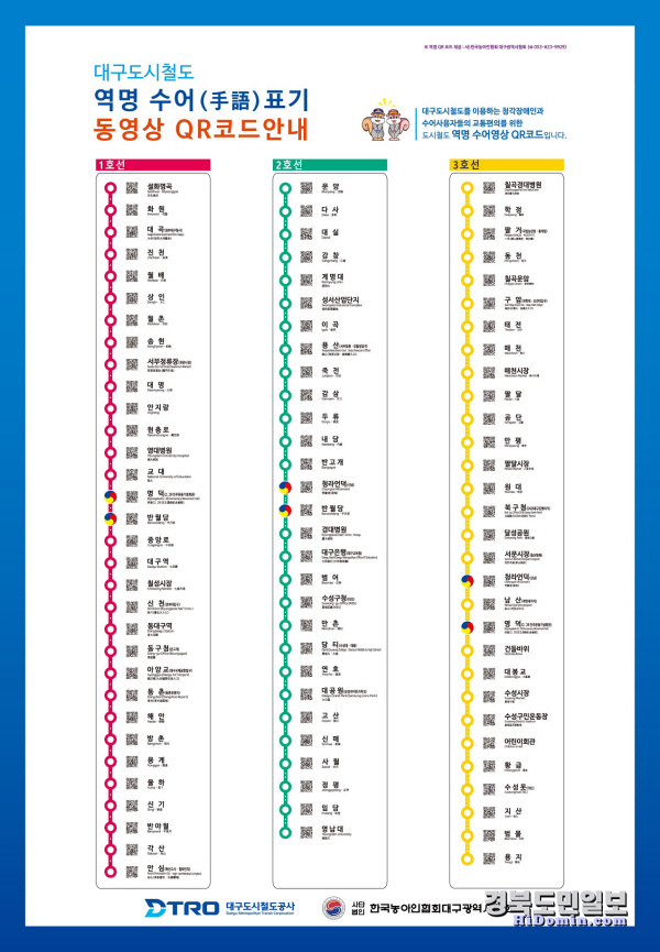 한국농아인협회 대구시협회의 연구를 바탕으로 제작된 대구도시철도 역명 수어 표기 QR코드 노선도. <대구도시철도 제공>