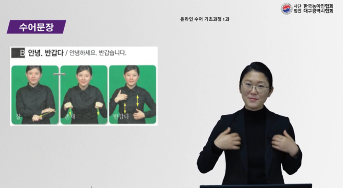 한국농아인협회 대구시협회 산하 대구수어교육원의 온라인 수어 기초과정 수업. <수업 화면 캡처>