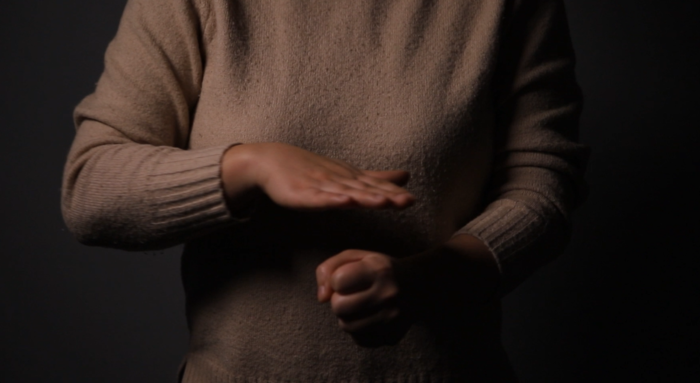 사랑합니다를 의미하는 한국수어. 주먹 위에 다른 한 손을 돌리며 표현하면 된다. <대구농아인협회 제공>