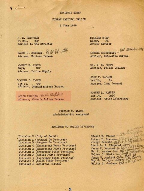 1948년 6월1일자 조선경무부 고문관 명단에 여자경찰을 뜻하는 Womenss police Bureau라고 남아 있다. <권상구 전문가 제공>