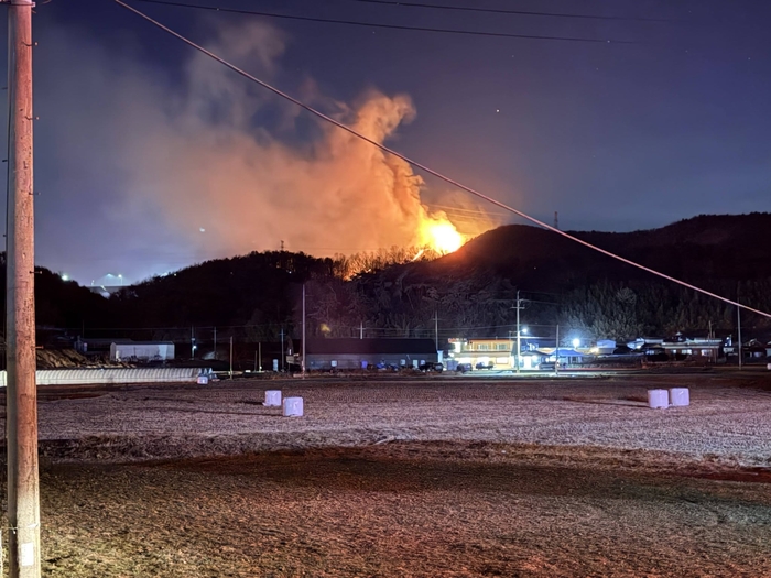 7일 밤 경주시 문무대왕면 입천리 일원 야산에서 산불이 발생해 능선 너머로 불길과 연기가 치솟고 있다. 경주시 제공