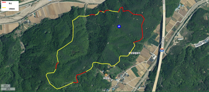 8일 오후 2시 현재 경주 문무대왕면 입천리 산불 상황도. 화점 주변에 송전선로로 추정되는 구간이 지나가고 진화 완료(노란색)·잔여 화선(빨간색)이 함께 표기돼 있다. 산림청 제공