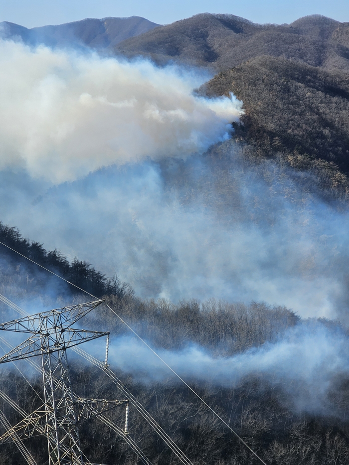 경주시 문무대왕면 입천리 산불 현장. 산 능선을 따라 연기가 퍼지는 가운데 송전탑(철탑)과 고압선로가 인접해 있어 당국이 공중·지상 진화 과정에서 안전 관리에 각별히 주의를 기울이고 있다. 경북소방본부 제공