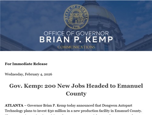 자동차 부품 제조사 동원 금속이 미국 조지아주에 3천만달러(한화 약 440억원)를 투자해 생산 공장을 설립한다고 주 정부가 5일 발표했다. 연합뉴스