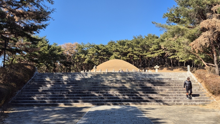경주 김유신 묘는 너른 석계단 위로 봉분이 자리 잡고 있다. 겨울 소나무 숲의 녹음과 대비되는 풍경이다. blowpaper@yeongnam.com