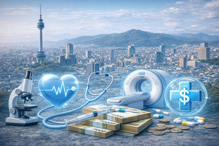 대구 도심 전경 위에 의료 장비와 지폐, 동전이 함께 배치된 이미지다. 현미경·청진기·CT 등 의료 상징물과 돈이 어우러져 지역 의료시장과 수익 구조의 변화를 상징적으로 표현했다.<챗GPT 생성>