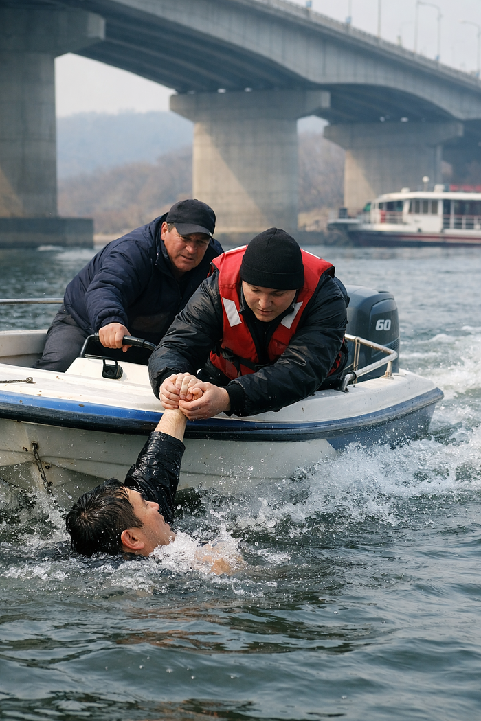 낙동강 사문진교 아래에서 갈진국 선장과 송태근 기관사가 모터보트를 타고 물에 빠진 남성을 끌어올리고 있다. 출항을 앞둔 순간이었지만 두 사람은 즉시 방향을 틀어 80여 m 물살을 가르며 접근했고, 기력을 잃어가던 남성의 손을 붙잡아 구조했다.<챗GPT 생성>