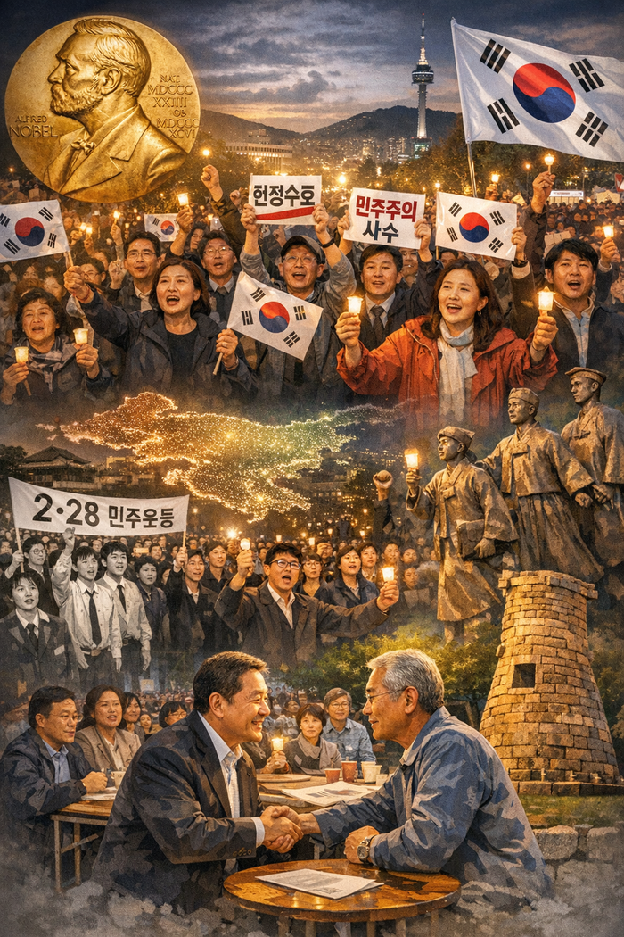 황혼이 내려앉은 도심 광장에서 시민들이 촛불을 들고 환하게 웃으며 헌정수호, 민주주의 사수라고 적힌 손팻말을 들어 올리고 있다. 태극기가 물결치는 가운데, 다양한 연령대의 시민들이 한목소리로 구호를 외치며 질서 있게 모여 있다.<챗GPT 생성>