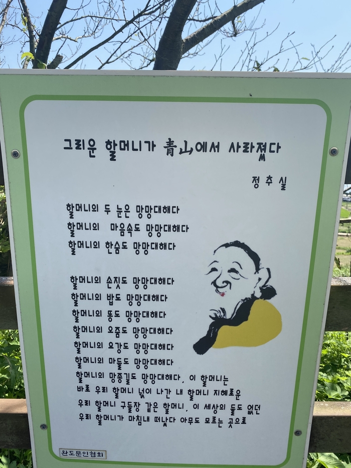 청산도 슬로우길을 걸으며 만났던 할머니 추모 시. 소설가 윤성희는 할머니는 늙은 것이 아니라 층과 격이 있는 것이라며, 우울했다가 귀엽기도 하고 여러모로 입체적인 존재라고 했다. <본인 촬영>