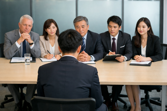 심사관 앞에서 면접을 보고 있는 지원자를 표현한 이미지. <이미지=생성형 AI>