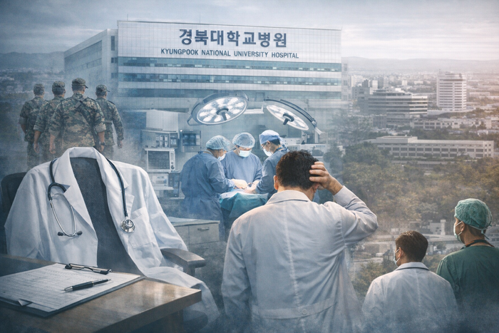 대구 중구에 위치한 경북대병원을 배경으로 의료 인력 공백과 의료현장의 부담을 상징적으로 표현한 이미지. 군 복무로 자리를 비운 인력, 수술실 의료진, 자리를 비운 의사 가운과 고민하는 의료진의 모습이 겹쳐지며 지역 거점병원이 겪는 인력난과 의료 공백 문제를 보여준다.<챗GPT 생성>