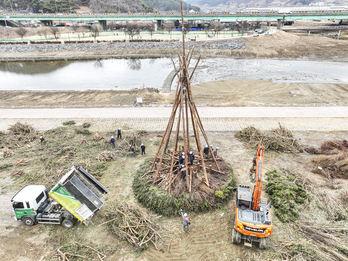 정월대보름을 닷새 앞둔 26일 경북 청도군 청도천 둔치에서 달집전승보존회원들이 정월대보름 민속한마당을 앞두고 소나무 가지를 엮어 달집을 세우고 있다. 태근수 달집전승보존회장은 달집을 예년과 같이 전국 최대급인 높이 20미터 규모로 제작해 내달 2일 완성할 예정이라고 밝히고, 대보름 밤 보름달이 떠오르는 시각에 맞춰 달집을 점화해 액운을 태우며 마을의 안녕과 풍년을 기원할 계획이라고 밝혔다.
이현덕기자 lhd@yeongnam.com
