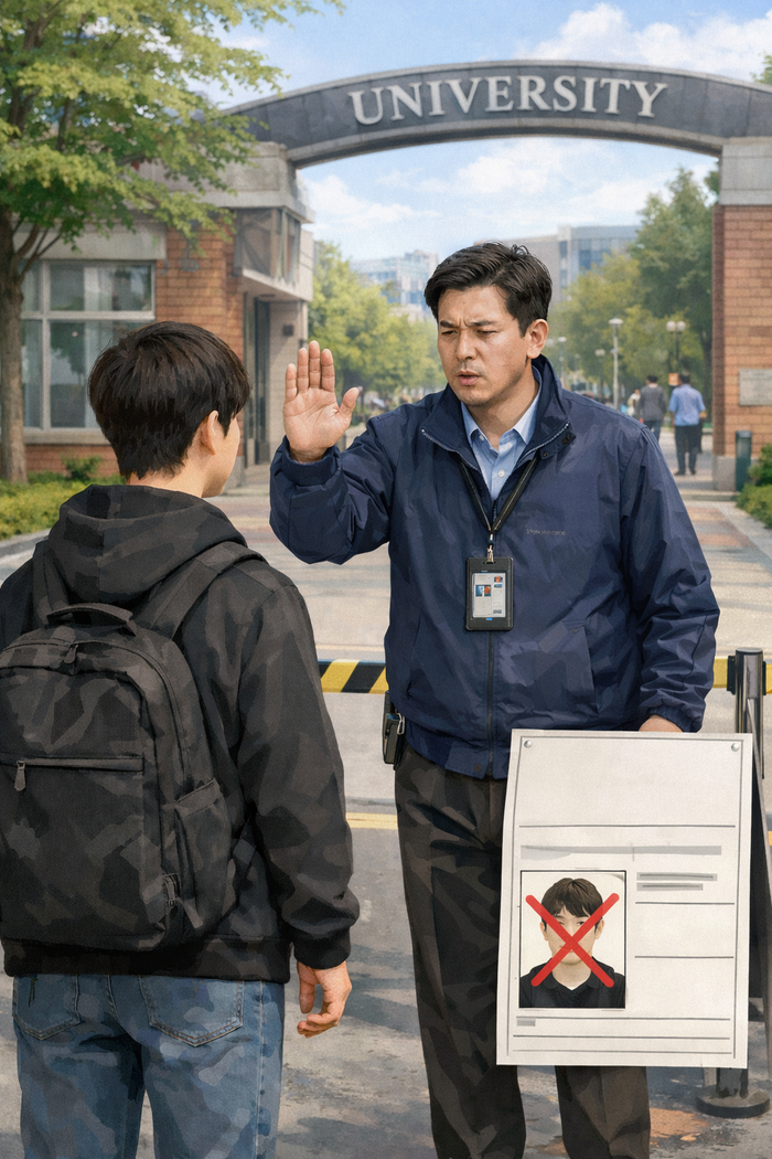 학교폭력 이력을 가진 수험생이 대학교 입구에서 진입 금지 제재를 받고 있는 모습의 이미지. <이미지=생성형 AI>