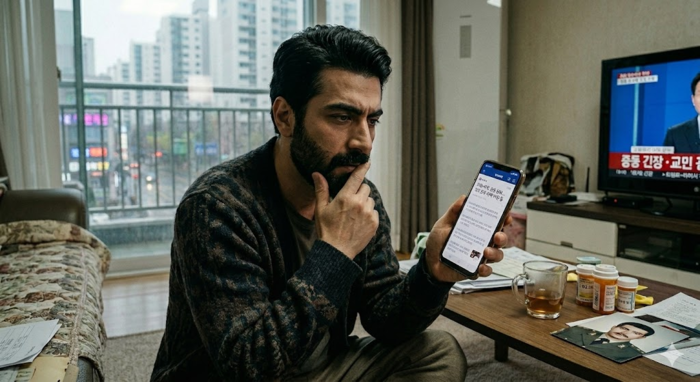 이란과 미국 간 군사적 긴장이 고조되는 가운데, 한국에 거주 중인 이란 교민이 휴대전화로 관련 뉴스를 확인하고 있는 모습을 AI 이미지로 구현해봤다. Gemini 생성이미지