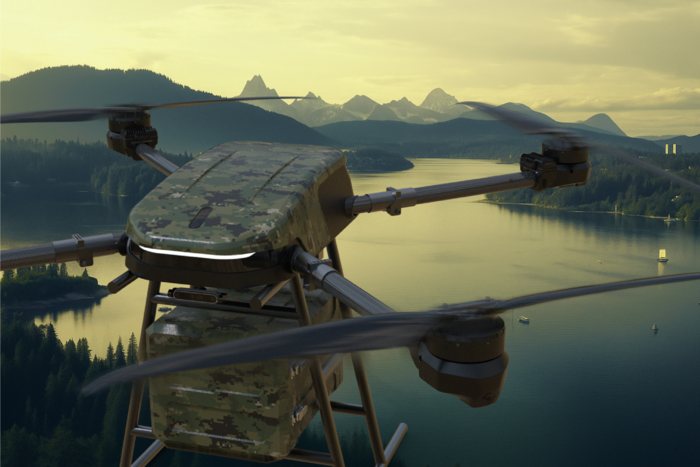 무인항공기(드론) 전문 제조기업인 리하이사의 50㎏급 군사화물수송 드론.  산업디자인 관점에서 구조적 경량화 등을 거쳐 기능성과 심미성을 강화했다. <경북도 제공>