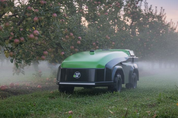 농업기계 및 농산물 가공기기 전문 제조기업인 경농산업사의 무인 농업용 방제기. 과수원과 같은 협소·복합 지형 환경에서도 정밀 방제가 가능하도록 디자인 적용·개발을 했다. <경북도 제공>