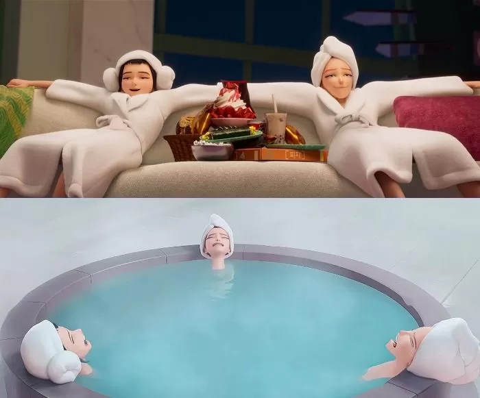 넷플렉스 오리지널 케이팝 데몬 헌터스에서 주인공인 그룹 헌트릭스 멤버들이 사우나를 이용하는 모습. <넷플릭스 제공>