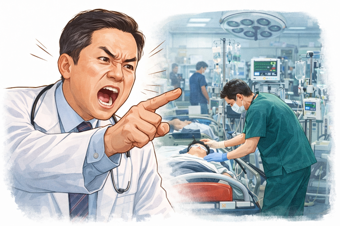 임현택 전 대한의사협회장의 공개 비판과 경북대병원 응급의료 현장 복귀를 상징적으로 표현한 삽화. <그래프(강승규)=생성형 AI>