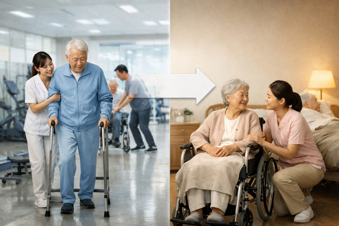 고령 환자가 재활치료를 받는 모습(왼쪽)과 요양병원에서 돌봄을 받는 모습. 급성기 치료 이후 회복기 재활 없이 요양병원으로 이동하는 재활 공백 현실을 보여준다. <그래프=생성형 AI>