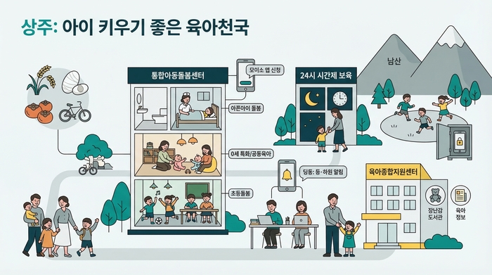 아이를 낳고 기르면서 상주하는 도시, 오늘의 공간 중심 육아 정책이 미래를 만들어가는 상주시의 모습. <이미지(박준상)=생성형 AI>