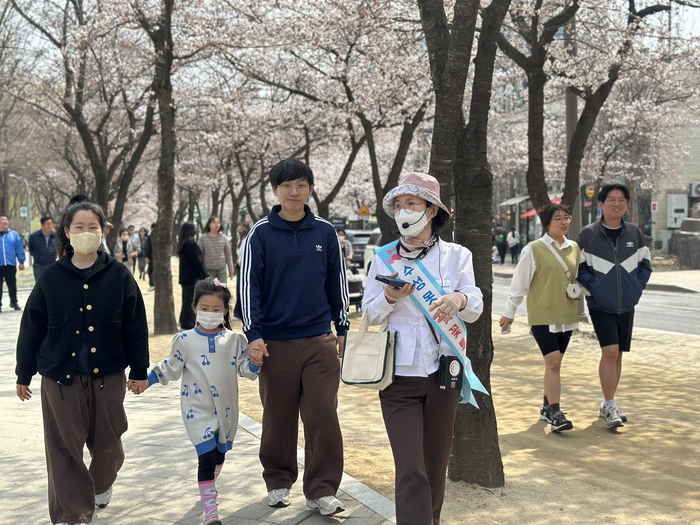 29일 오전 대구 수성구 수성못에서 최경선씨 가족이 수성못 벚꽃투어에 참여해 해설을 듣고 있다. 조윤화 기자