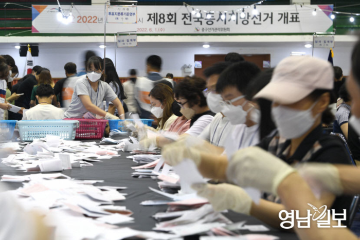 지난 2022년, 대구의 한 제8회 전국동시지방선거 개표소에서 개표사무원들이 분주히 투표용지를 분류하고 있다. 영남일보DB