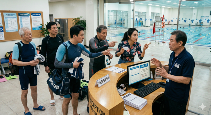 수영장 회원들이 이용 환불을 요구하는 모습의 이미지 <그래프=생성형 AI>