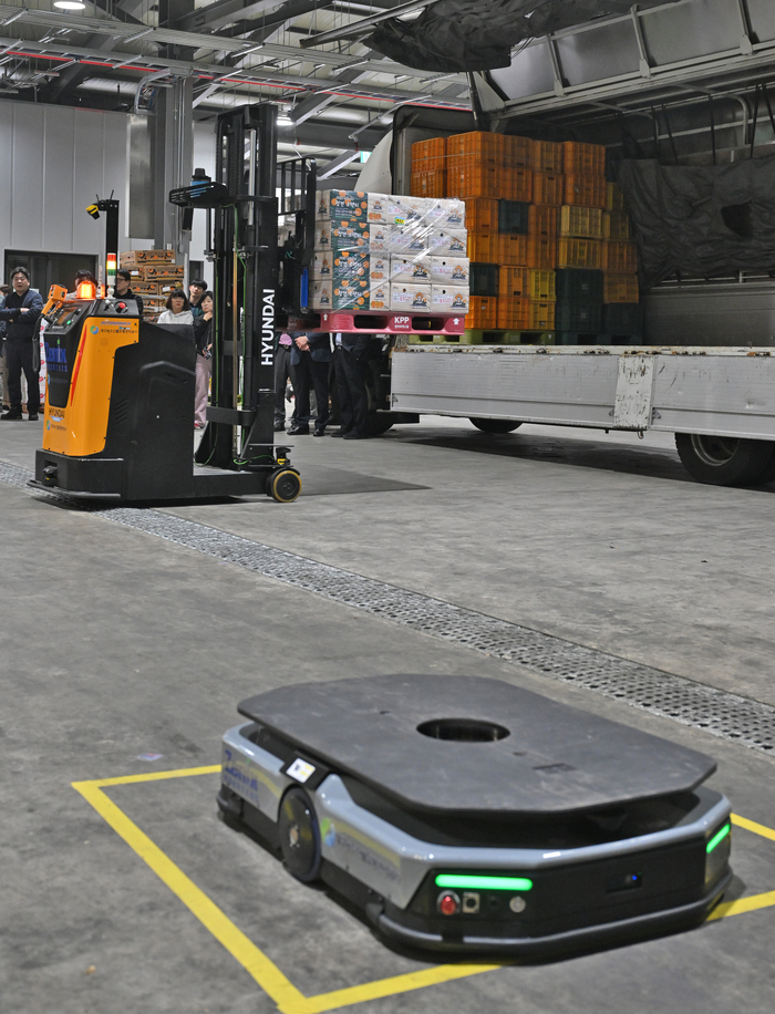 30일 오후 대구 북구 대구농수산물도매시장 농산A동에서 물류로봇 시연회가 열렸다. 무인지게차가 농산물을 차에 싣고 있다. 앞에 보이는 것은 AMR 물류로봇.
이지용기자 sajahu@yeongnam.com