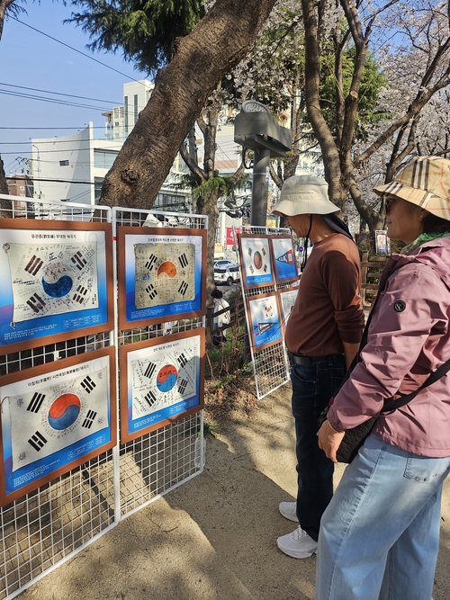 지난 3월 28일 대구 동구 지저동의 한 산책로에서 광복소나무사랑모임 봉사단이 기획한 태극기 관련 전시를 시민들이 보고 있다. 김점순 시민기자