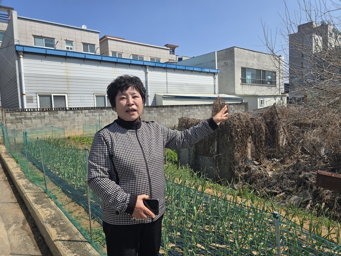 김월주 구미시 진미5통장이 마을 경로당 옆에 폐가로 방치된 주택 두 채를 가리키며 오랫동안 집주인을 설득해 주차장을 만들기로 했다고 설명하고 있다.<박용기 기자>