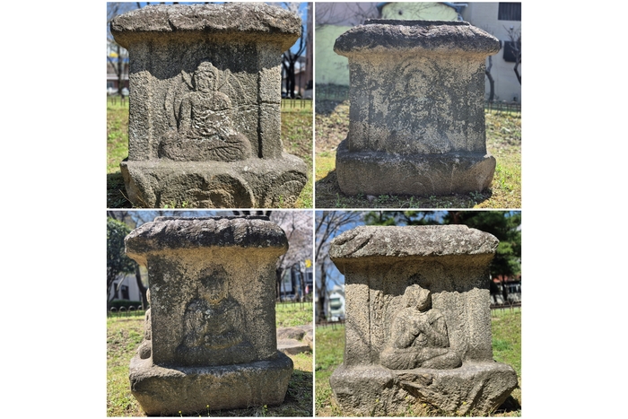 경상북도 유형문화유산 경주 동천동 사방불탑신석. 통일신라 절터에 남은 탑 몸돌로 네 면에 서로 다른 불상이 새겨져 있다. 장성재기자 blowpaper@yeongnam.com