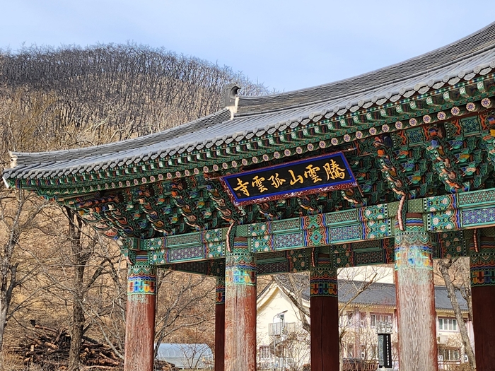 고운사 입구 등운산 고운사 현판 뒤로 검게 탄 능선이 이어져 있다. 이지영 기자