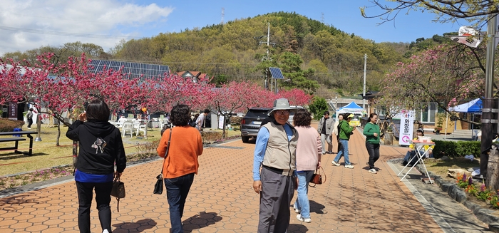 도진리 박돈헌 이장이 마을 입구에서 찾아오는 관광객들을 맞이하고 있다. <석현철 기자>