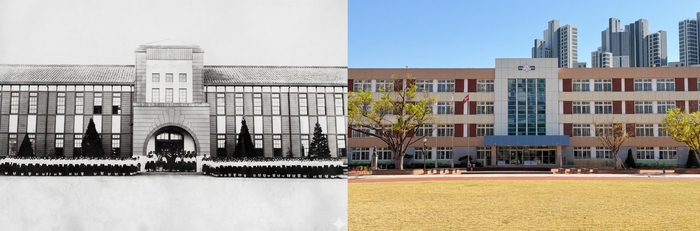 1927년 경북여고 본관 신축 기념식 당시 모습. 약 100년 후인 2026년 학교 본관. <경북여고 제공>