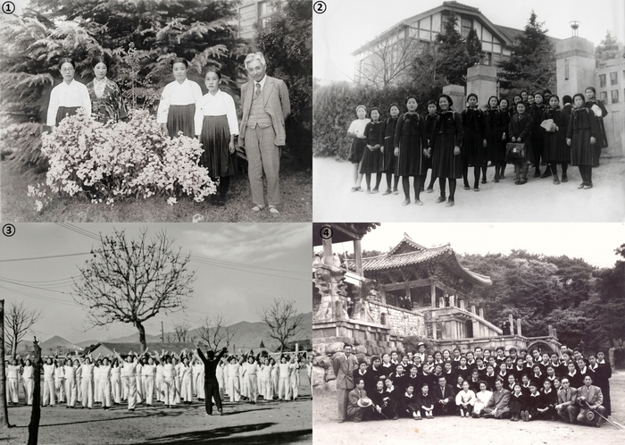 ①1934년 교복을 입은 경북여고 학생들과 초대 교장(오른쪽)이 함께 사진을 찍고 있다. ②1940년 학생들이 교문 앞에 모여 있는 모습. ③1958년 체육복을 입은 학생들과 교사가 체육수업에 참여하고 있다. ④1953년 수학여행을 떠난 학생들이 경주 불국사 앞에서 찍은 단체사진. <경북여고 제공>