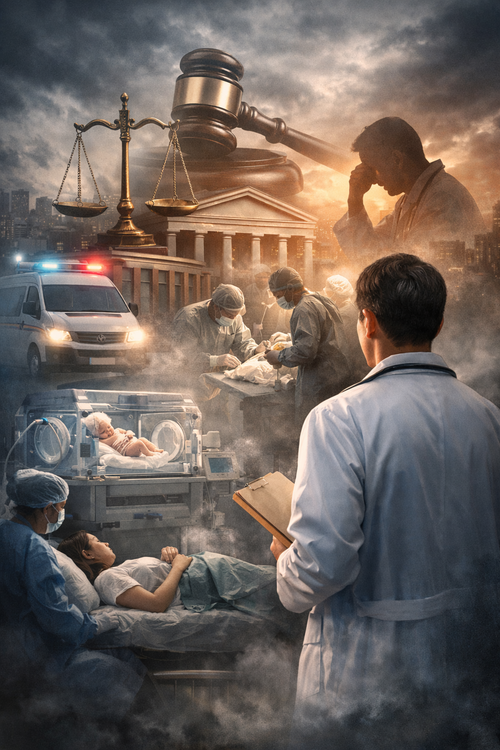 고위험 분만과 신생아 치료 현장을 배경으로, 의료진의 판단과 동시에 뒤따르는 법적 책임 부담을 상징적으로 표현한 이미지. 필수의료 인력 부족과 의료진 법적 보호 논란을 시각화했다. <그래프=생성형 AI>
