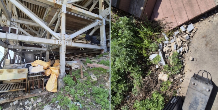 독도경비대 뒤편 구조물 아래 쌓여 있는 각종 폐기물(왼쪽)과 인근에 버려진 폐콘크리트. 홍준기 기자