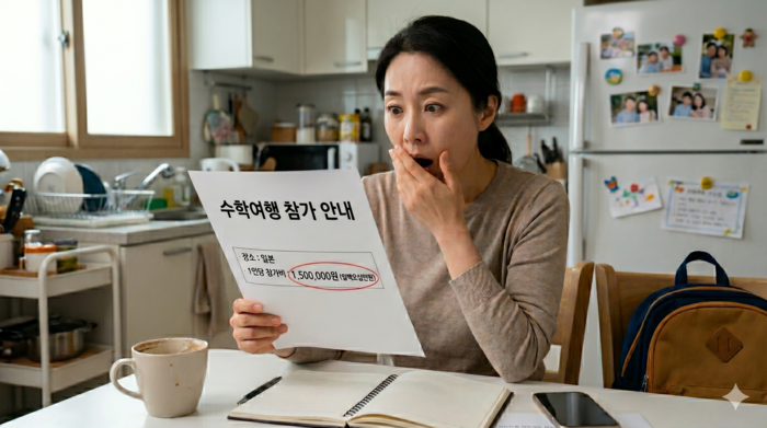 수학여행 참가비용이 150만원인 것을 보고 놀라는 학부모의 모습 <인포그래픽=생성형 AI>