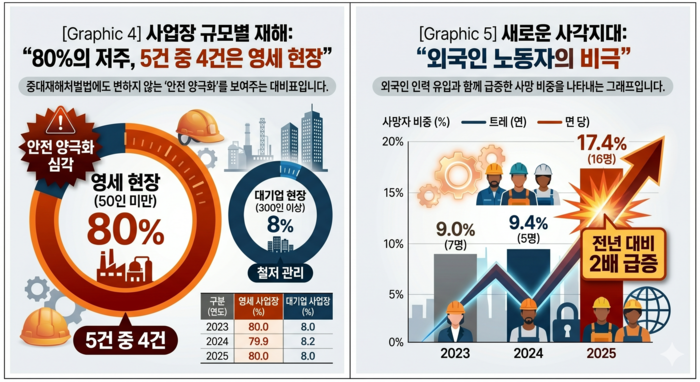 대구경북 산업재해 발생 업종 규모별, 외국인 노동자 산업재해 사망 현황 <인포그래픽=생성형AI>