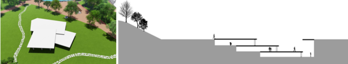 야외전시관 예상도. 대구시는 옛 신사터 발굴 시 유구를 훼손하지 않고 현장에서 보존·전시할 수 있도록 상부에 지붕을 설치한 야외전시관을 조성할 예정이다. 이때 단차를 활용한 설계를 통해 기존 지형을 살리고 관람 동선을 확보할 계획이다. 대구시 문화유산과 제공