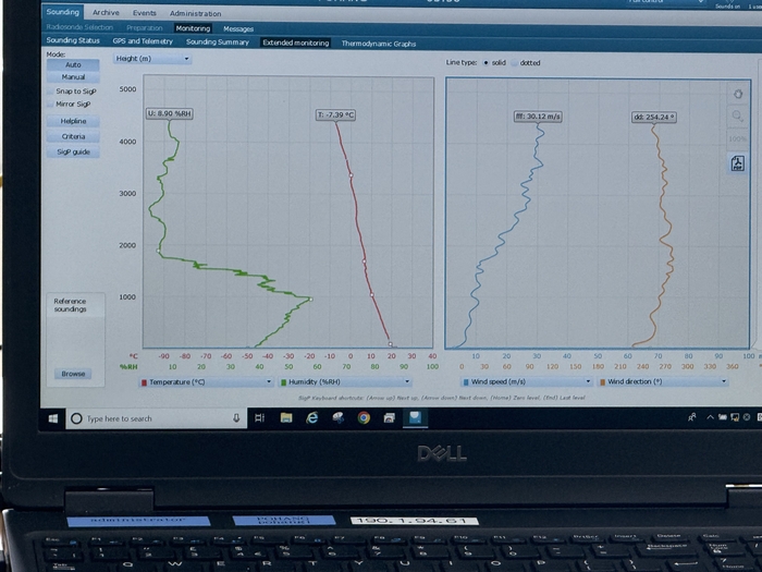 28일 대구기상청 포항관측소에서 에보실 노트북 화면에 오존존데의 이동 경로와 고도별 오존량·기온·습도 등 실시간 관측자료가 송신되고 있다. 구경모기자