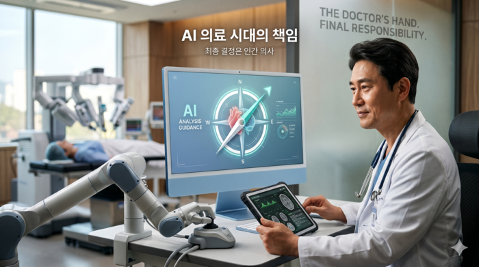 AI 의료 시대의 도래를 상징하는 진료 현장. 모니터 속 AI 나침반은 환자의 데이터를 분석해 최적의 방향을 제시하지만, 수술 로봇을 제어하고 최종 결정을 내리는 주체는 여전히 인간 의사다.<그래프=생성형 AI>