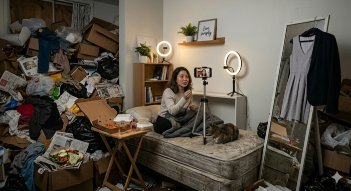 집이 더 이상 충분한 삶의 공간이 되지 못할 때, 때론 공공시설의 역할이 필요하다. 쓰레기로 채워진 주거 공간. <이미지(성모경)=생성형 AI>