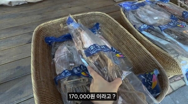 울릉도를 방문한 한 유튜버가 마른 오징어 가격이 17만원이라는 상인에 말에 놀라고 있다. <유튜브 물만난고기 영상 캡처>