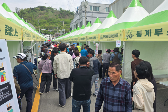 영양산나물축제가 시작된 지난 7일, 평일 이른 시간대에도 수많은 인파들이 산나물 판매장터를 가득 매우고 있다. <정운홍 기자>